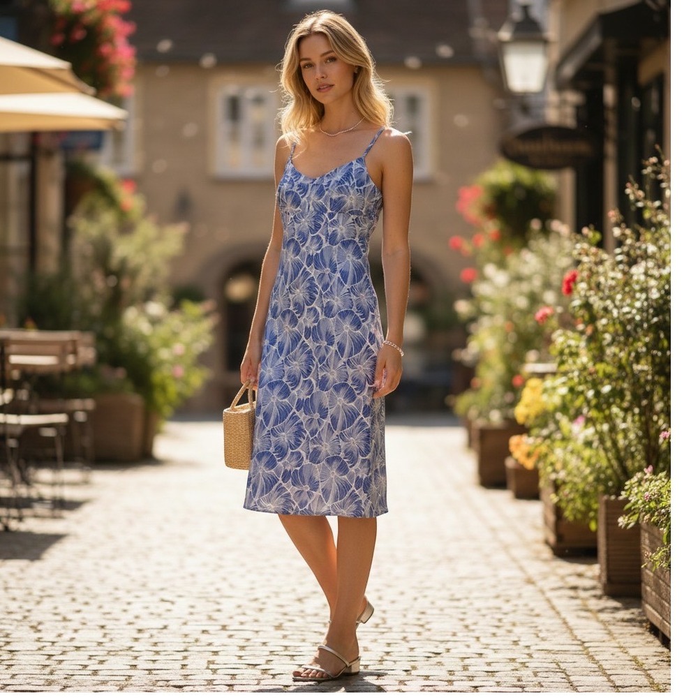 HD in Paris Anthropologie Blue White Floral Midi Dress Sheath V-Neck Size 0